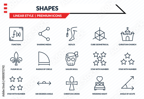 shapes icons set - function, sharing media, fleur de lis, christian cross, angle of acute outline vector collection.