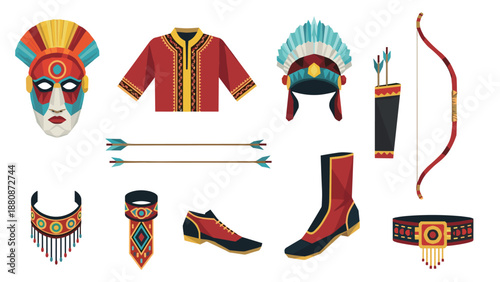 Colorful traditional indigenous costume elements with tribal accessories in flat design