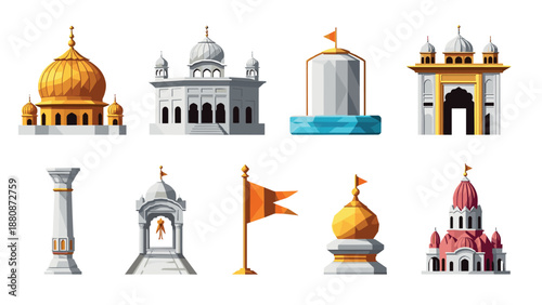 Colorful low poly indian architecture collection with temples and monuments