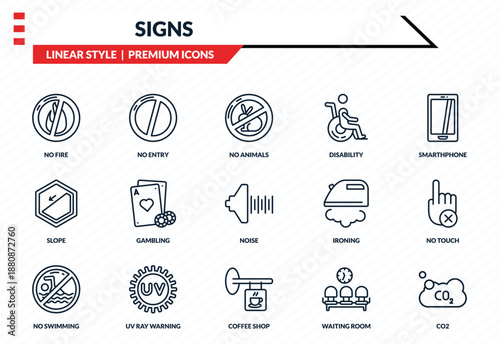 signs icons set - no fire, no entry, slope, coffee shop, co2 outline vector collection.