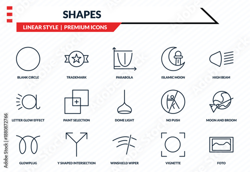 shapes icons set - blank circle, trademark, letter glow effect, winshield wiper, foto outline vector collection.