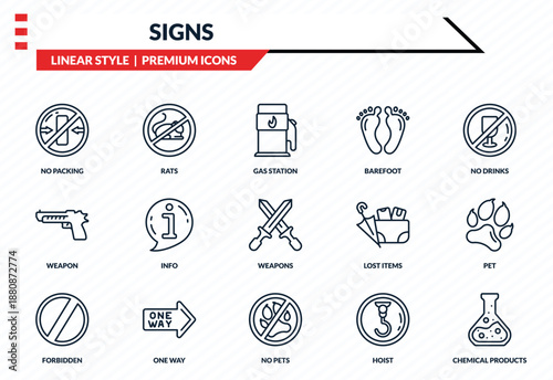 signs icons set - no packing, rats, weapon, no pets, chemical products outline vector collection.