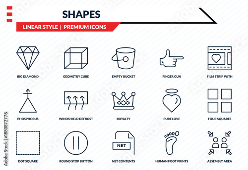 shapes icons set - big diamond, geometry cube, phosphorus, net contents, assembly area outline vector collection.