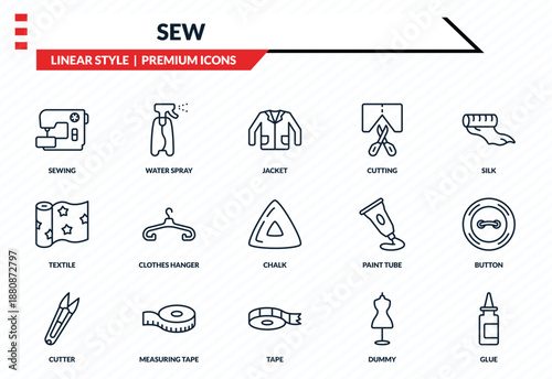 sew icons set - sewing, water spray, textile, tape, glue outline vector collection.