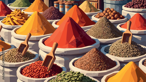 Isometric market scene with colorful spice display in bowls