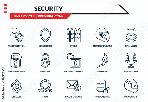 security icons set - user protection, black shield, unlock padlock, secure envelope, racing helmet outline vector collection.