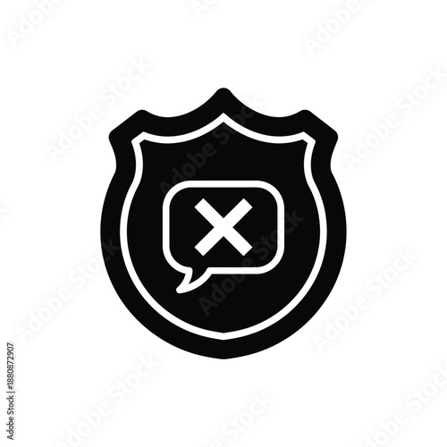 Black shield with white speech bubble and cross