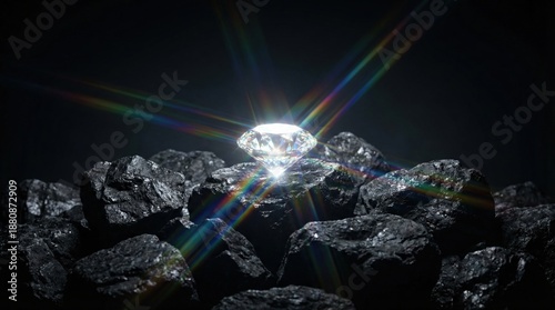 Brilliant diamond surrounded by rough dark coal stones symbolizing value and potential hidden within unrefined and unexpected materials