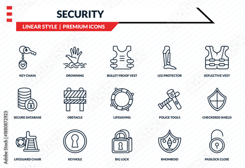 security icons set - key chain, drowning, secure database, big lock, padlock close outline vector collection.