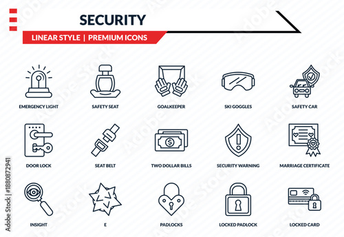 security icons set - emergency light, safety seat, door lock, padlocks, locked card outline vector collection.