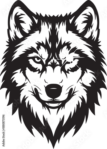 Black and white graphic illustration of a wolf head with sharp fur and piercing eyes