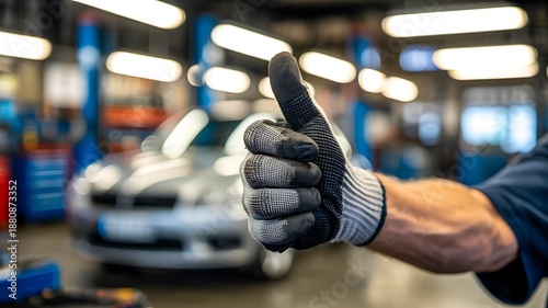Mechanic giving thumbs up gesture in auto service garage
