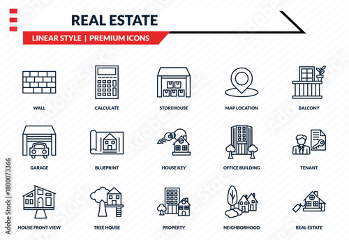 real estate icons set - wall, calculate, garage, property, real estate outline vector collection.