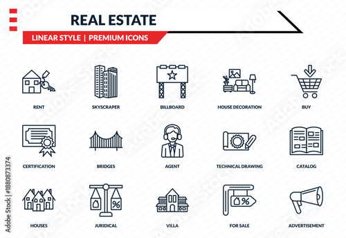 real estate icons set - rent, skyscraper, certification, villa, advertisement outline vector collection.