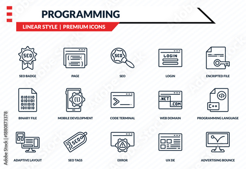 programming icons set - seo badge, page, binary file, error, advertising bounce outline vector collection.