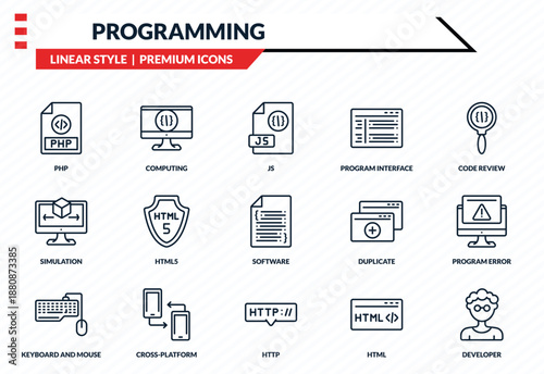 programming icons set - php, computing, simulation, http, developer outline vector collection.