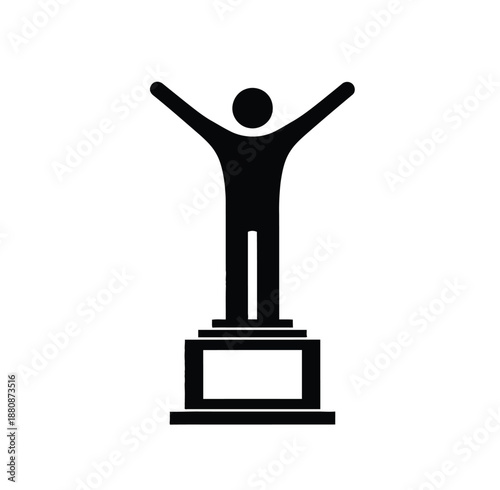 Black stick figure standing on podium with arms raised