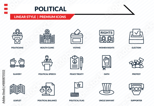 political icons set - politicians, health clinic, slavery, political flag, supporter outline vector collection.