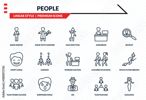 people icons set - book keeper, judge with hammer, happy smile, sir, elegance outline vector collection.