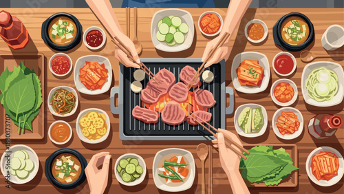 Korean barbecue dining scene with grilled meat and traditional side dishes