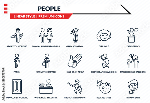 people icons set - architech working, woman and man partners, patien, firefighter working, thinking smile outline vector collection.