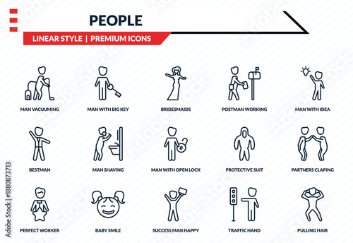 people icons set - man vacuuming, man with big key, bestman, success man happy, pulling hair outline vector collection.