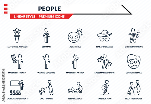 people icons set - man giving a speech, ceo man, man with money, feeding a dog, help the elderly outline vector collection.