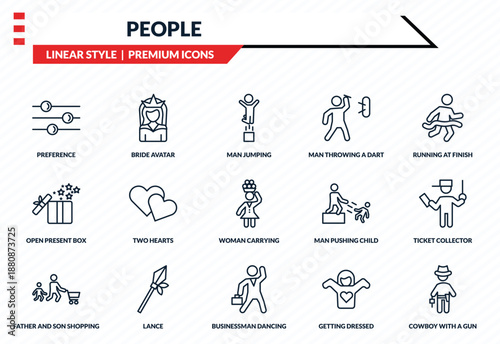 people icons set - preference, bride avatar, open present box, businessman dancing, cowboy with a gun outline vector collection.