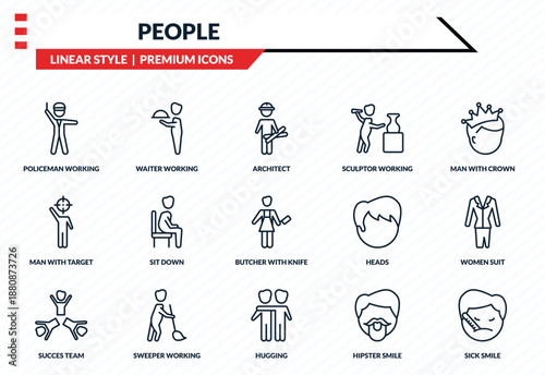 people icons set - policeman working, waiter working, man with target, hugging, sick smile outline vector collection.