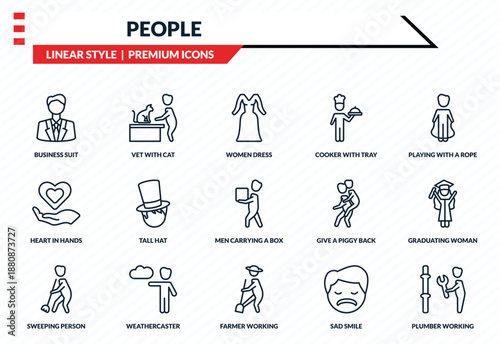 people icons set - business suit, vet with cat, heart in hands, farmer working, plumber working outline vector collection.