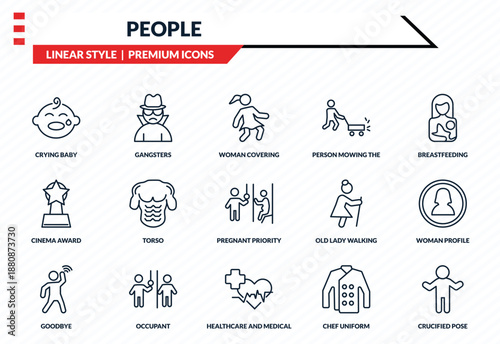 people icons set - crying baby, gangsters, cinema award, healthcare and medical, crucified pose outline vector collection.