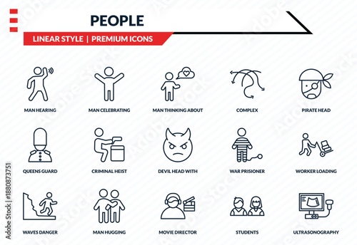 people icons set - man hearing, man celebrating, queens guard, movie director, ultrasonography outline vector collection.
