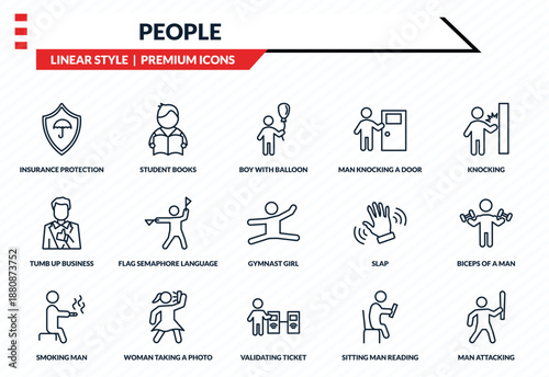 people icons set - insurance protection, student books, tumb up business man, validating ticket, man attacking outline vector collection.