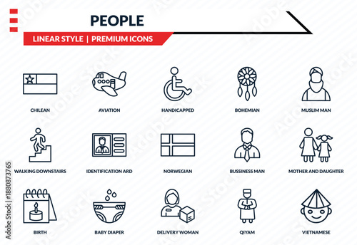 people icons set - chilean, aviation, walking downstairs, delivery woman, vietnamese outline vector collection.