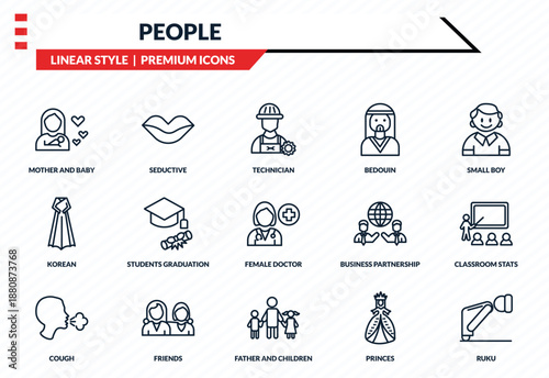 people icons set - mother and baby, seductive, korean, father and children, ruku outline vector collection.