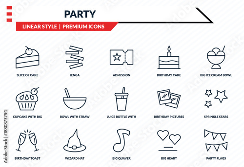 party icons set - slice of cake, jenga, cupcake with big cherry, big quaver, party flags outline vector collection.