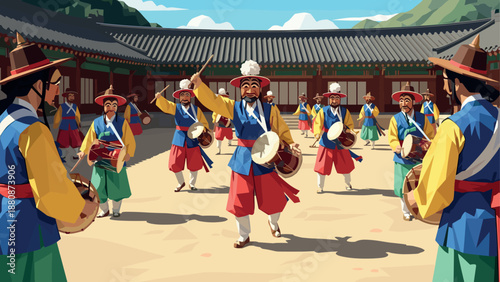 Traditional korean dance performance at historic courtyard under blue skies