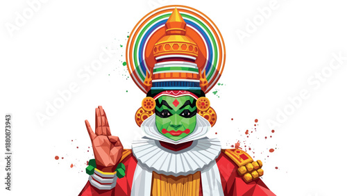 Colorful abstract geometric kathakali dance mask art on white background