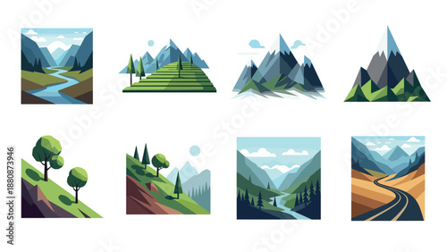 Scenic mountain landscapes with geometric art style and natural serenity
