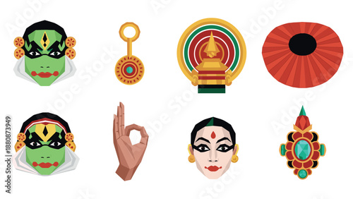 Colorful geometric icons inspired by traditional indian art and culture