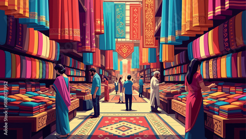 Vibrant fabric bazaar with people shopping in colorful textile market