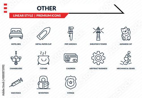 other icons set - hotel bed, metal paper clip, chandeliers, syrnge, blazon outline vector collection.