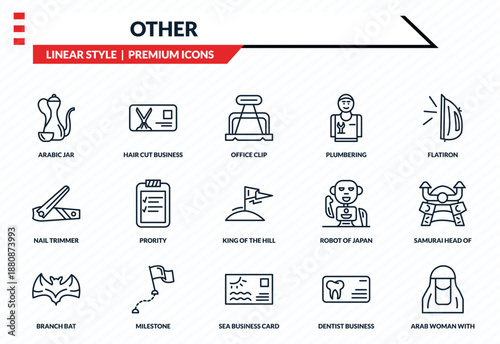 other icons set - arabic jar, hair cut business card, nail trimmer, sea business card, arab woman with hijab outline vector collection.