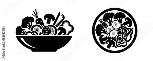 Stylized black and white icons of fresh vegetable salads in bowls, symbolizing healthy eating and natural ingredients