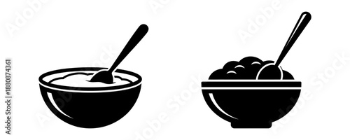 Diverse Food Bowls with Spoons Minimalist Icons for Breakfast, Meals, and Culinary Concepts