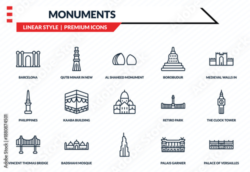 monuments icons set - barcelona, qutb minar in new delhi, philippines, , palace of versailles outline vector collection.