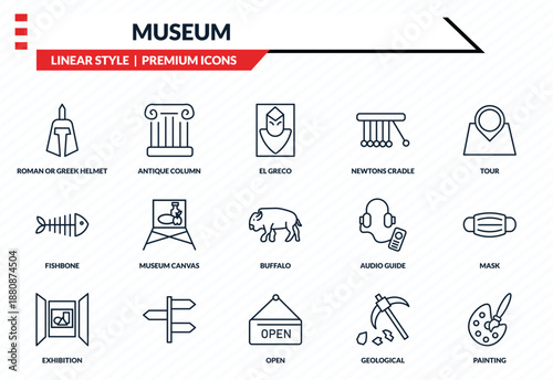 museum icons set - roman or greek helmet, antique column, fishbone, open, painting outline vector collection.