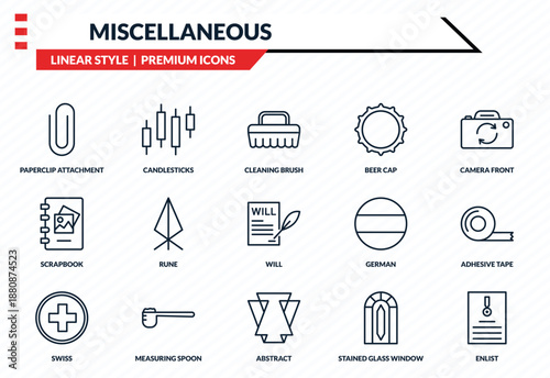 miscellaneous icons set - paperclip attachment, candlesticks, scrapbook, abstract, enlist outline vector collection.