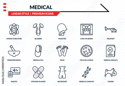 medical icons set - atomic structure, bladder, medicines bowl, nutrionist, canine outline vector collection.