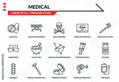 medical icons set - drug pills, table of treatments, nurse cross, medicine capsules, perfusion outline vector collection.